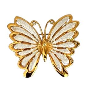 Large Gold Tone White Sparkle Enamel Butterfly